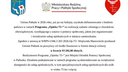 Gmina Pułtusk przystępuje do Programu ,,Opieka 75+”
