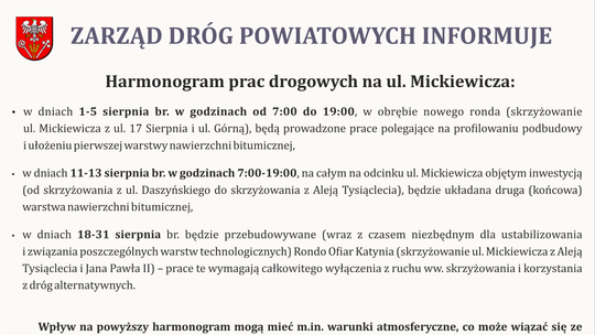 Harmonogram prac na ulicy Mickiewicza