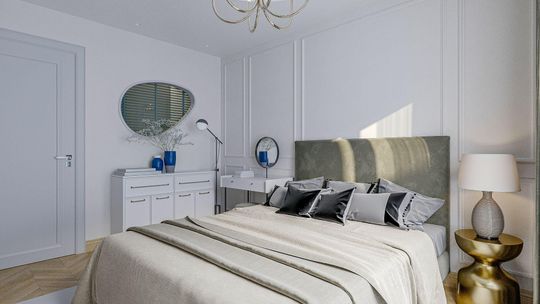 Jasna sypialnia w stylu Hamptons — komoda, szafka nocna i len