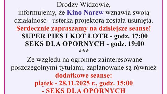 Kino Narew wznawia swoją działalność - usterka projektora została usunięta