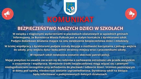 Komunikat Urzędu Miejskiego - Bezpieczeństwo dzieci w naszych szkołach