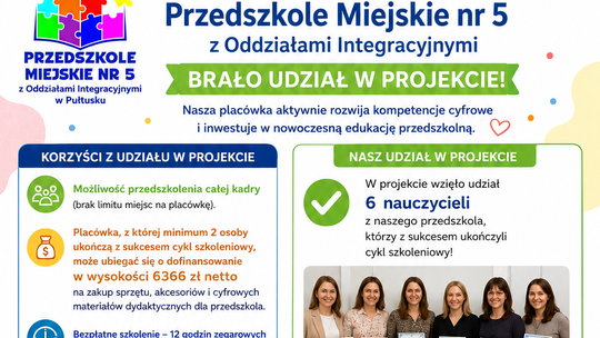 Przedszkole Miejskie nr 5 w Pułtusku rozwija kompetencje cyfrowe kadry i wzbogaca bazę dydaktyczną
