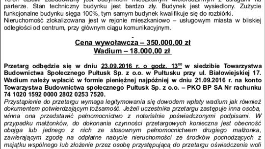 TBS Pułtusk sp. z o. o. ogłasza II przetarg ustny nieograniczony