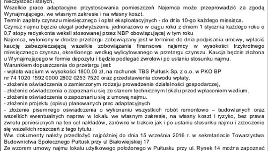 TBS PUŁTUSK SP. Z O. O. ogłasza II przetarg ustny nieograniczony na najem lokalu o pow. 84,00 m2 w Pułtusku przy ul. Rynek 14