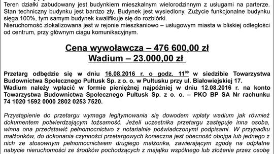 TBS Pułtusk sp. z o. o. ogłasza przetarg