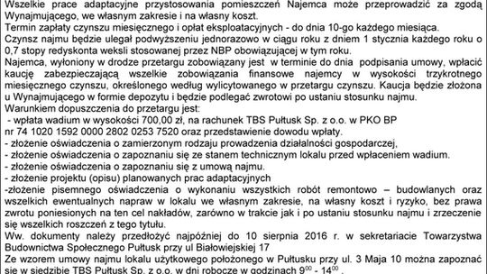 TBS PUŁTUSK SP. Z O. O. ogłasza przetarg ustny nieograniczony na najem lokalu o pow. 21,00 m2 w Pułtusku przy ul. 3 Maja 10