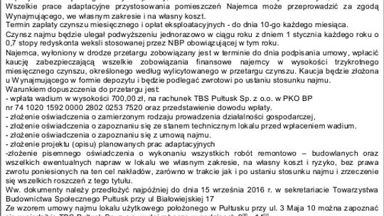 TBS PUŁTUSK SP. Z O. O. ogłasza przetarg ustny nieograniczony na najem lokalu o pow. 21,00 m2 w Pułtusku przy ul. 3 Maja 10
