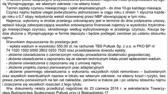 TBS Pułtusk sp. z o.o. przetarg na najem lokalu przy ul. 3 Maja 10