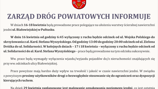Ważny komunikat Zarządu Dróg Powiatowych