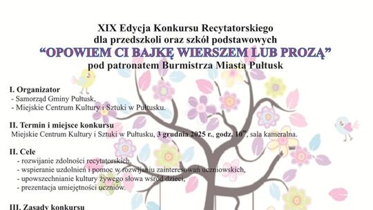ZAPROSZENIE na XIX Edycję Konkursu Recytatorskiego „OPOWIEM CI BAJKĘ WIERSZEM LUB PROZĄ”