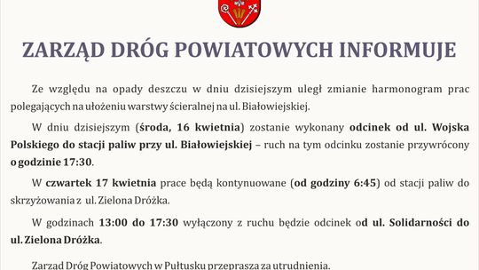 Zarząd Dróg Powiatowych informuje
