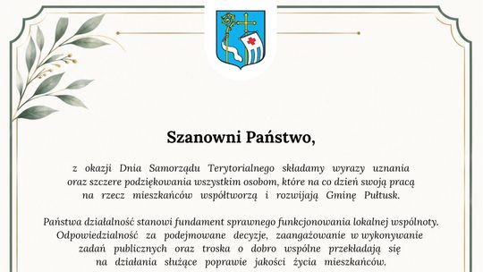 Życzenia na Dzień Samorządowca od władz Gminy Pułtusk