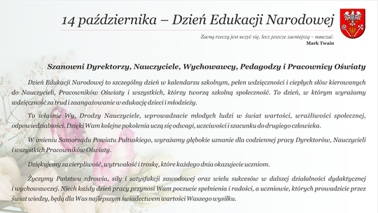 Życzenia od władz powiatu pułtuskiego z okazji Dnia Edukacji Narodowej