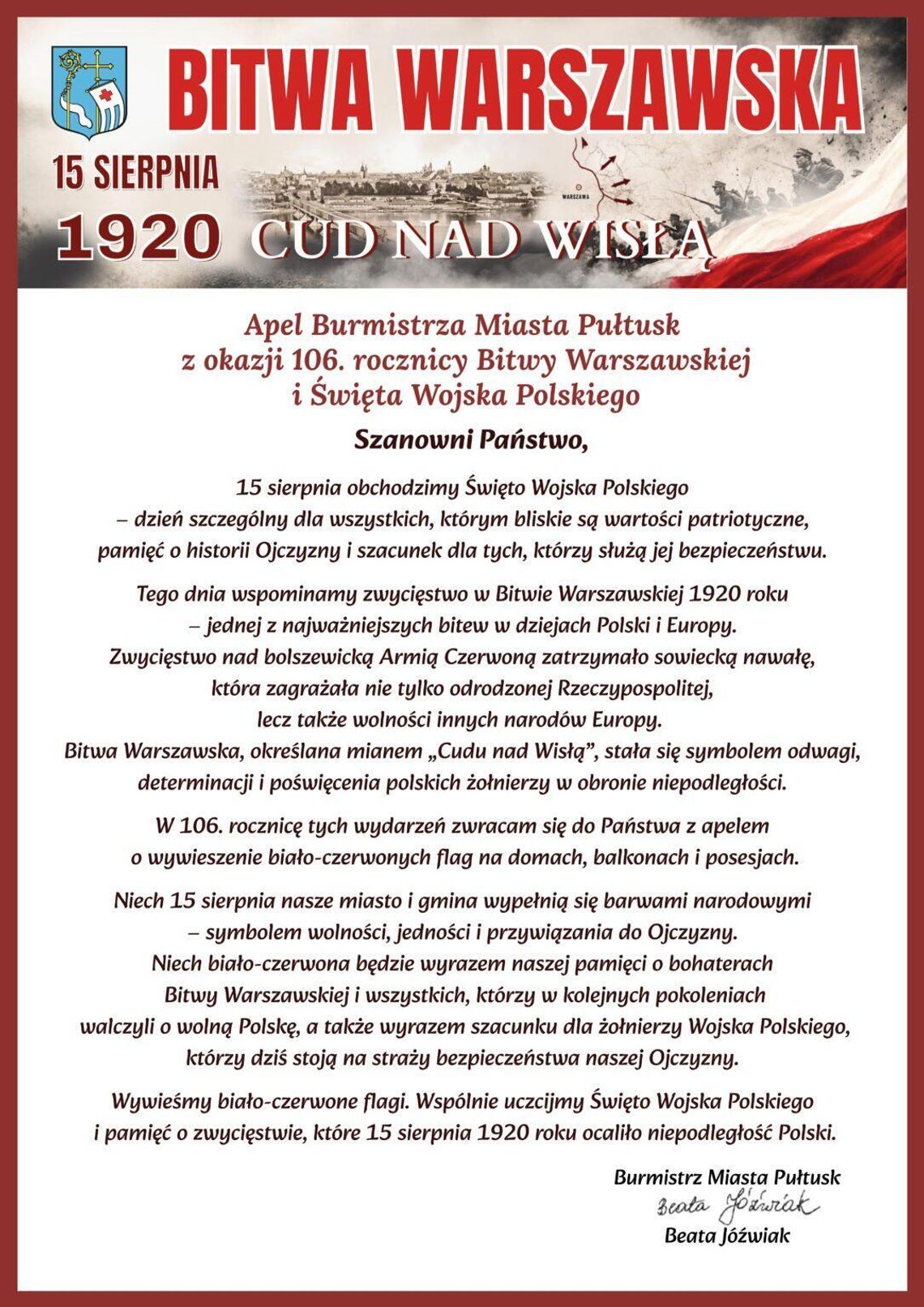 Apel Burmistrza Miasta Pułtusk z okazji 106. rocznicy Bitwy Warszawskiej i Święta Wojska Polskiego Apel Burmistrza Miasta Pułtusk z okazji 106. rocznicy Bitwy Warszawskiej i Święta Wojska Polskiego