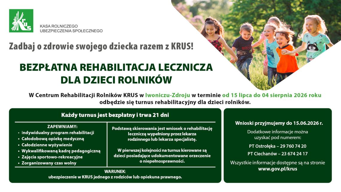 Bezpłatna rehabilitacja lecznicza dla dzieci rolników
