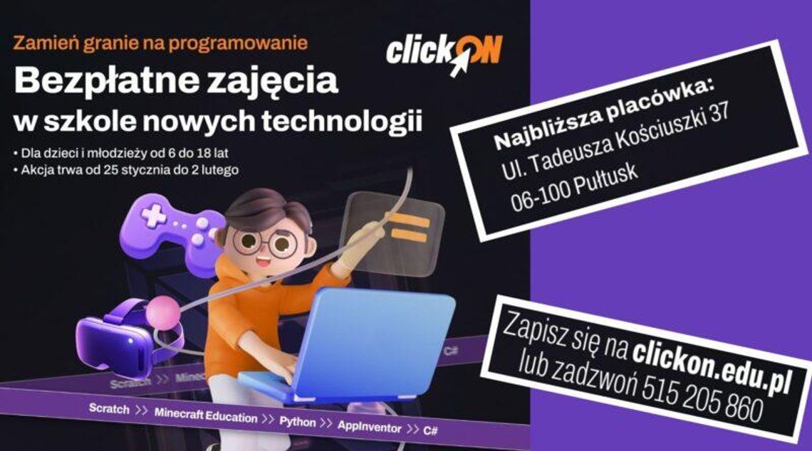 ClickOn w Pułtusku – bezpłatne warsztaty z programowania dla dzieci i młodzieży!