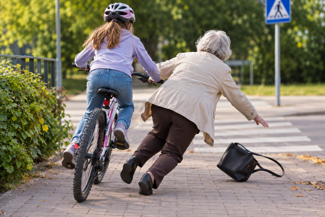 Groźne potrącenie seniorki przez 12-letnią rowerzystkę Obraz AI