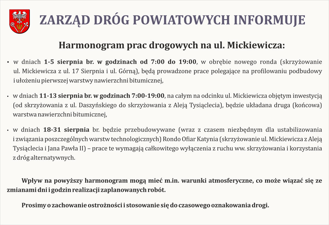 Harmonogram prac na ulicy Mickiewicza