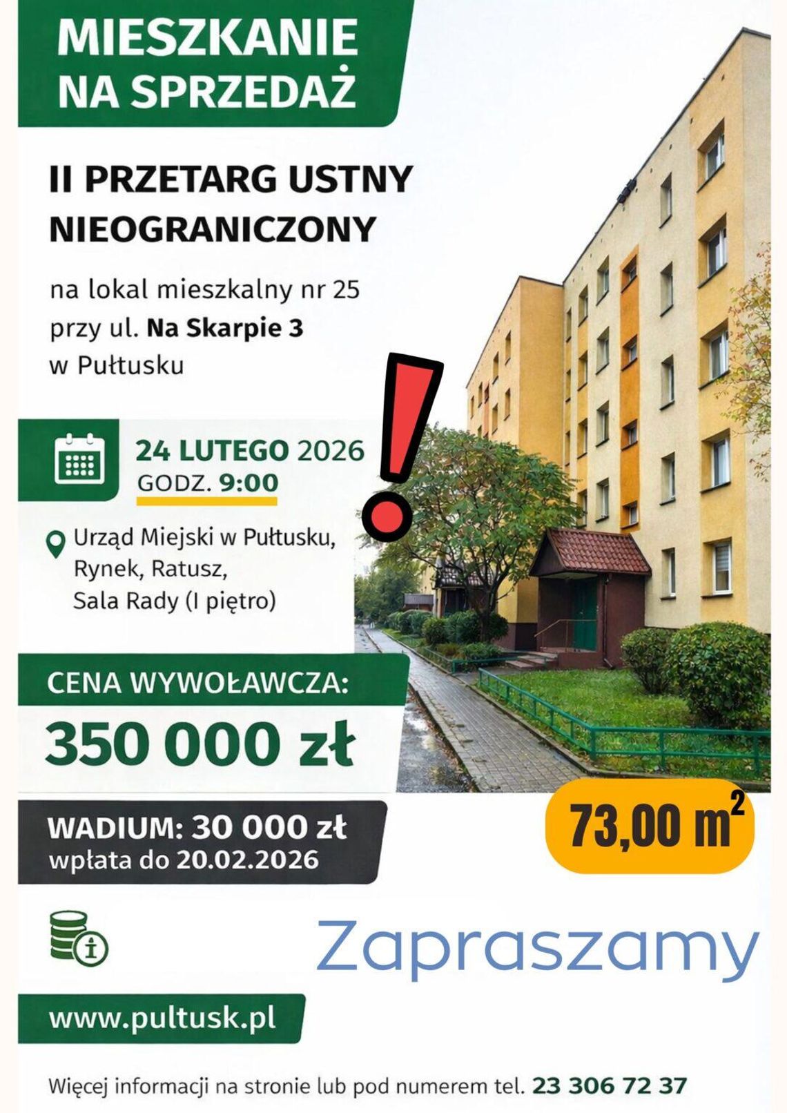 II Przetarg Ustny Nieograniczony – sprzedaż lokalu mieszkalnego w Pułtusku II Przetarg Ustny Nieograniczony – sprzedaż lokalu mieszkalnego w Pułtusku