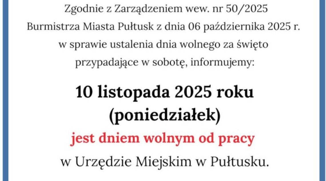 Informacja – dzień wolny od pracy w Urzędzie Miejskim w Pułtusku
