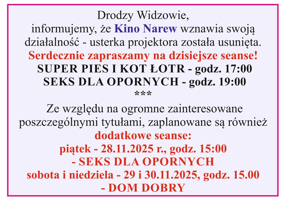 Kino Narew wznawia swoją działalność - usterka projektora została usunięta