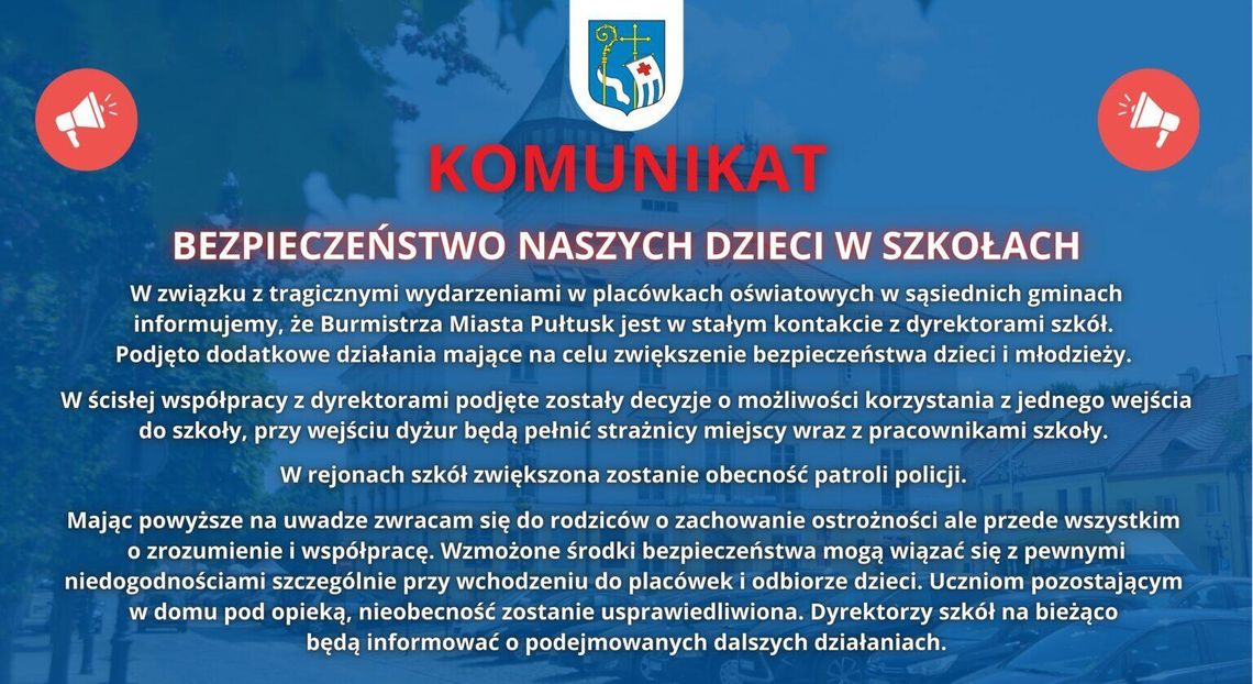 Komunikat Urzędu Miejskiego - Bezpieczeństwo dzieci w naszych szkołach Komunikat Urzędu Miejskiego - Bezpieczeństwo dzieci w naszych szkołach