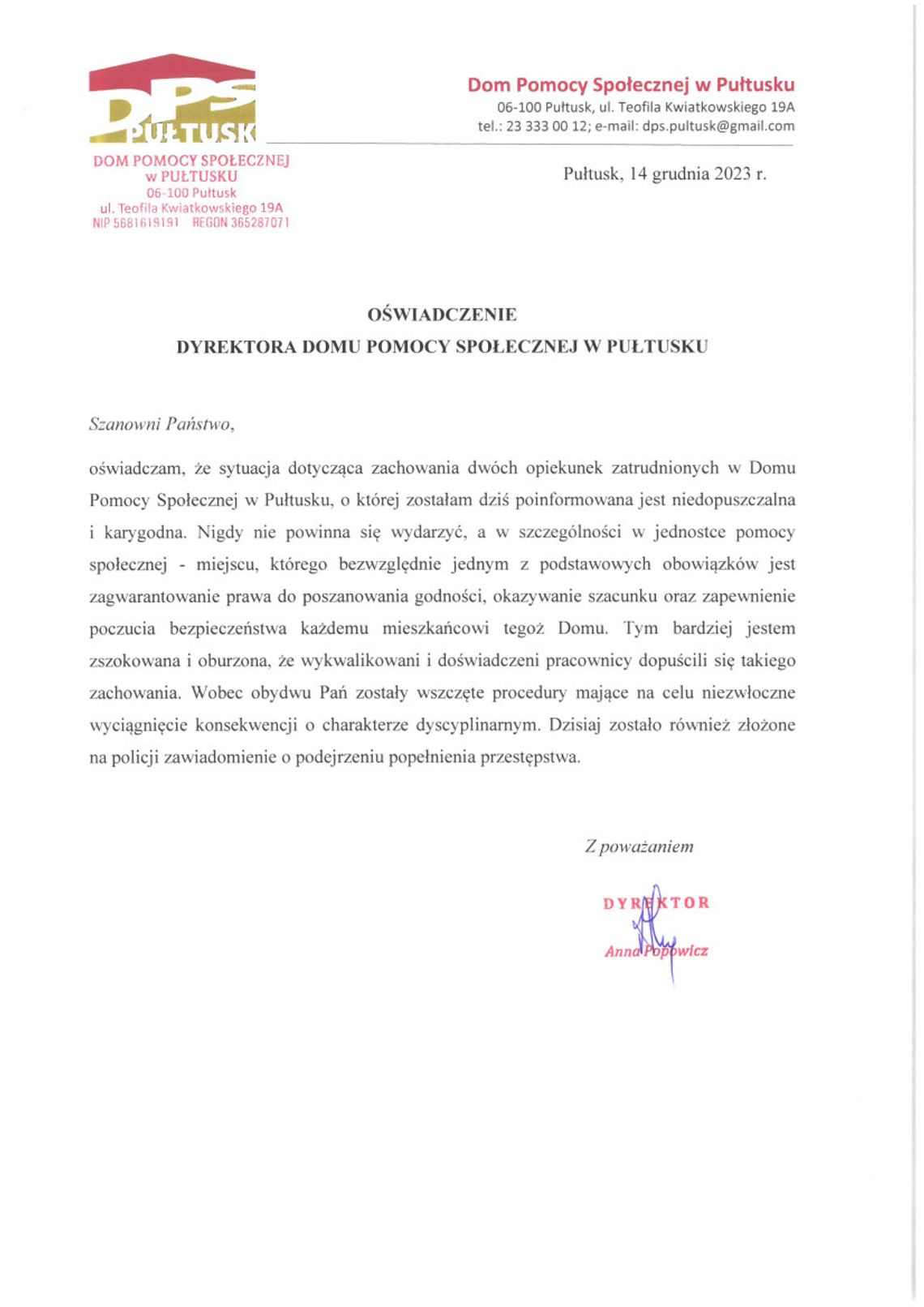 Oświadczenie dyrektorki DPS w Pułtusku w sprawie zachowania dwóch opiekunek
