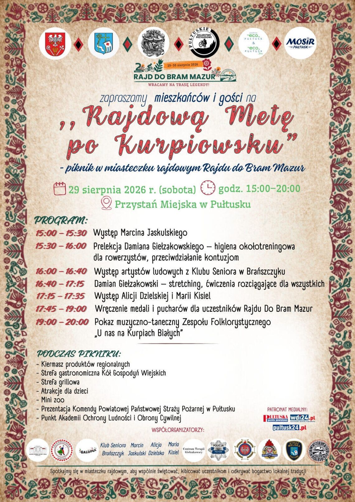 Serdeczne zapraszamy na piknik w miasteczku rajdowym Rajdu do Bram Mazur pn. „Rajdową Metę po Kurpiowsku”