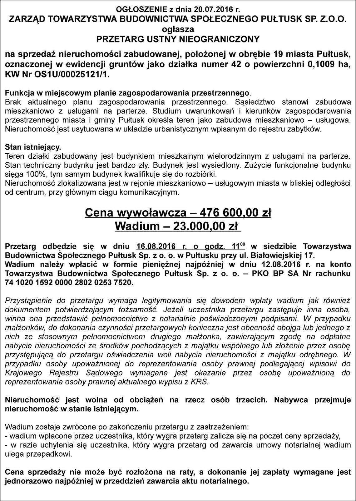 TBS Pułtusk sp. z o. o. ogłasza przetarg