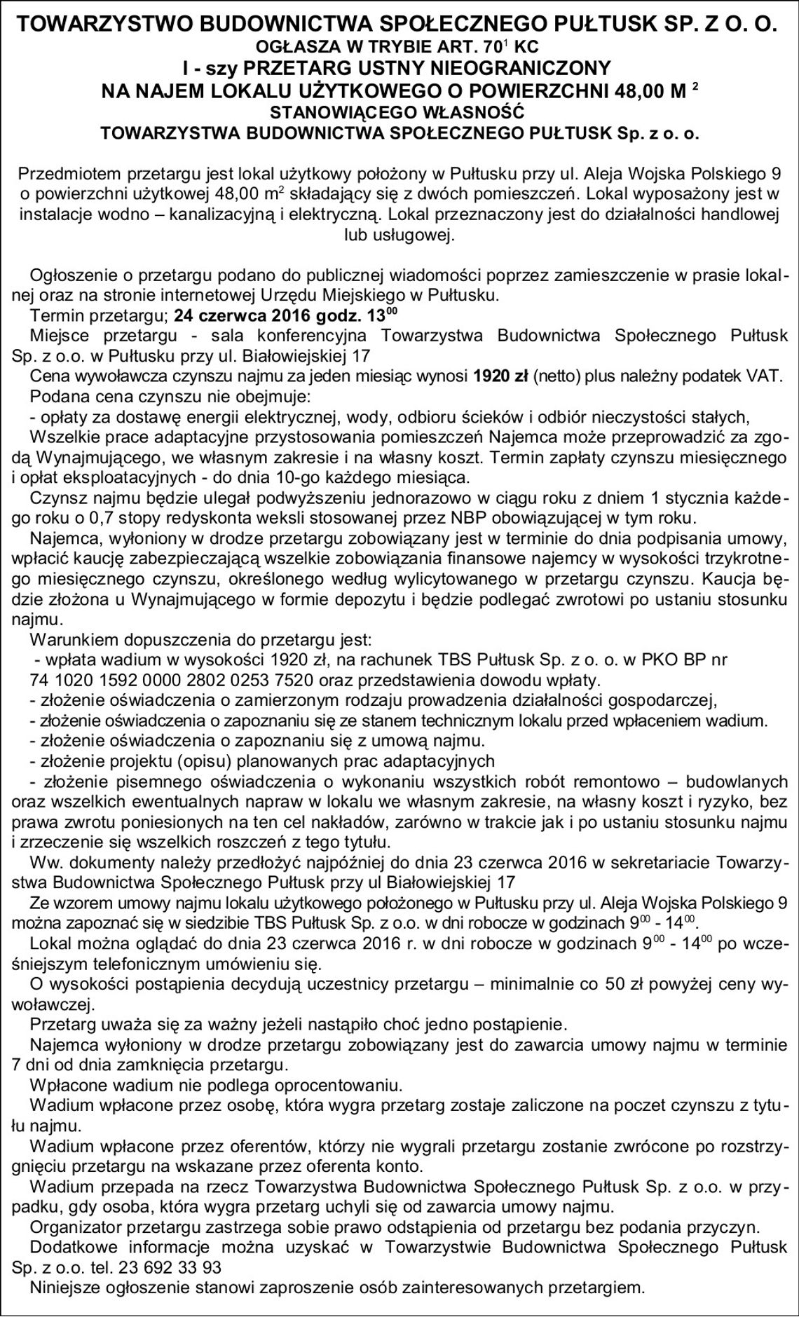 TBS Pułtusk sp. z o. o. przetarg na najem lokalu przy alei Wojska Polskiego 9