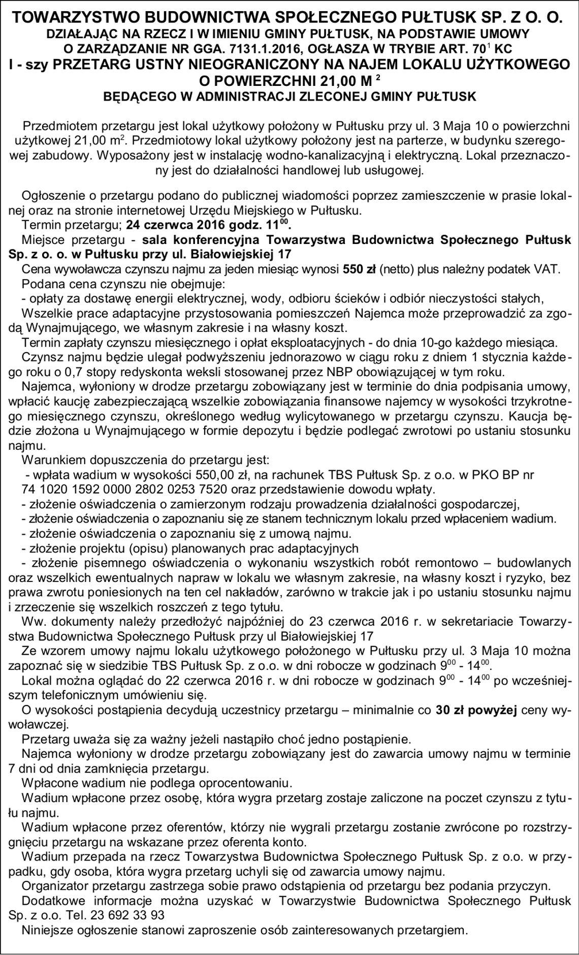 TBS Pułtusk sp. z o.o. przetarg na najem lokalu przy ul. 3 Maja 10