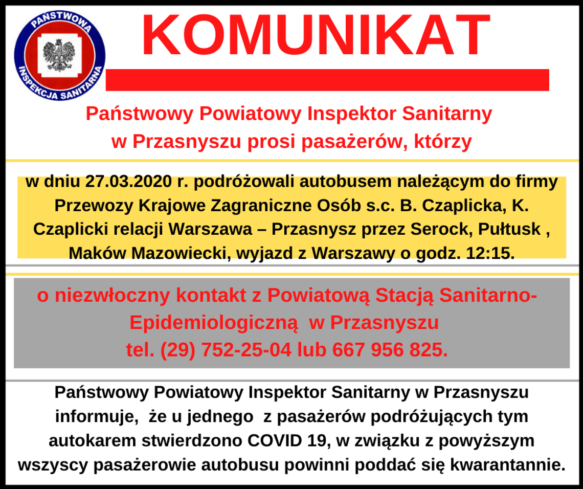 Uwaga! poszukiwani pasażerowie autobusu do Przasnysza, który jechał przez Pułtusk
