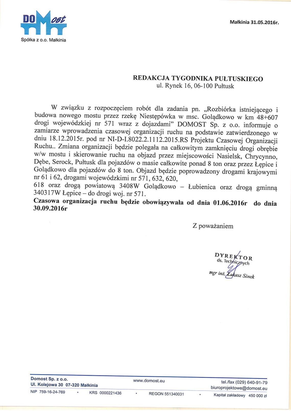 UWAGA! Remont mostu na Niestępówce!