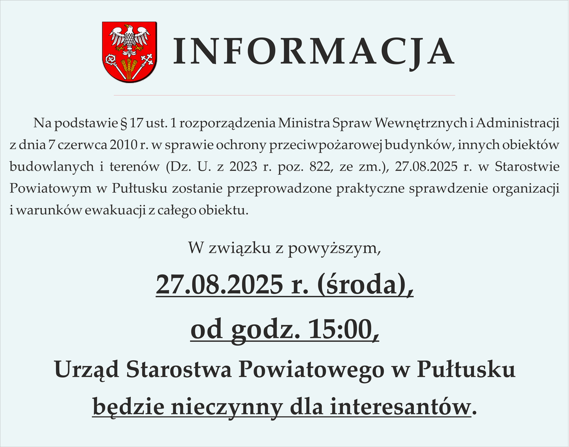 Ważna informacja dla interesantów Starostwa Powiatowego w Pułtusku!