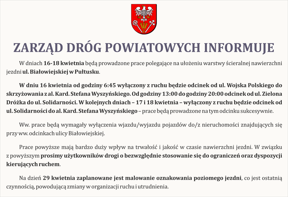 Ważny komunikat Zarządu Dróg Powiatowych