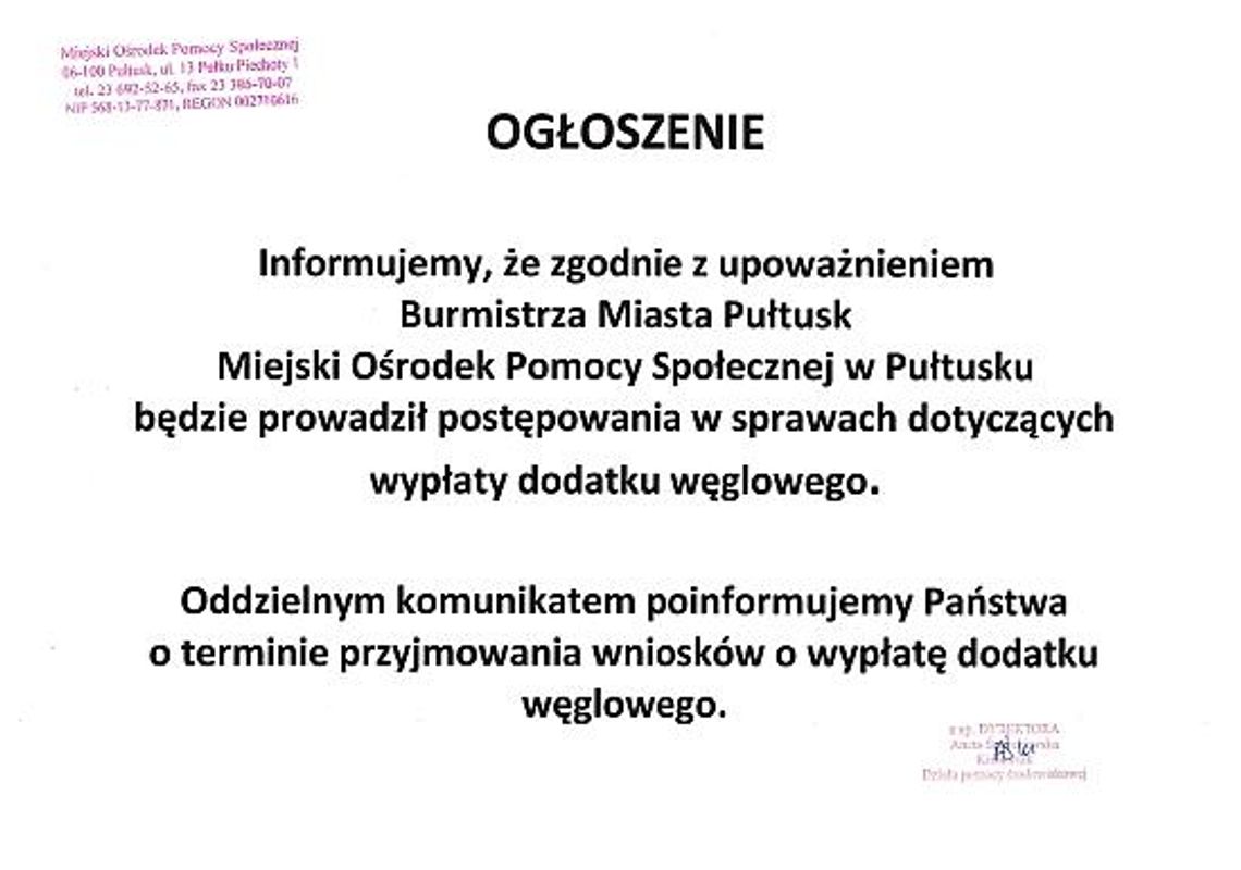 Wnioski o dodatek węglowy w MOPS