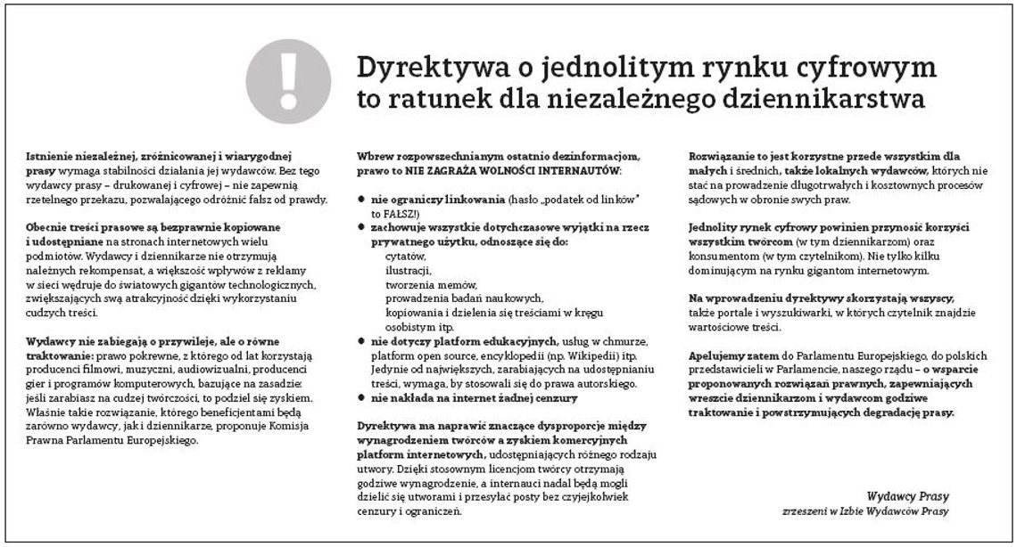 Wspólny komunikat wydawców ws. praw pokrewnych
