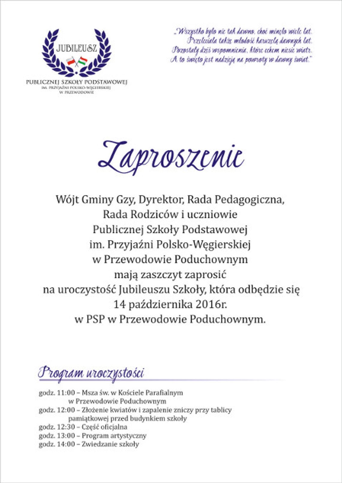Zapraszamy na jubileusz Publicznej Szkoły Podstawowej w Przewodowie