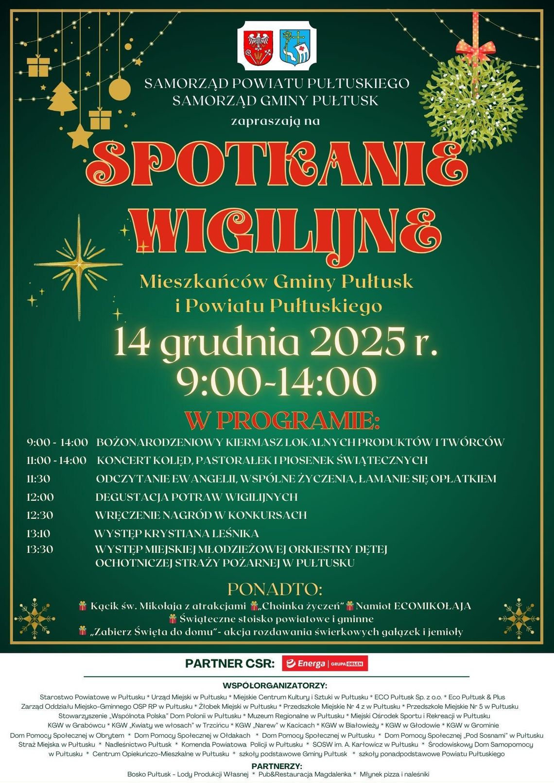 Zapraszamy na spotkanie wigilijne mieszkańców Pułtuska i Powiatu Pułtuskiego