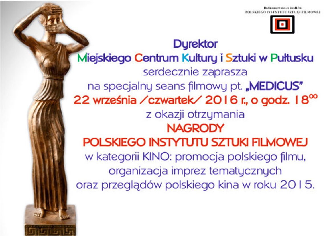 Zaproszenie na pokaz filmowy z okazji otrzymania Nagrody PISFu