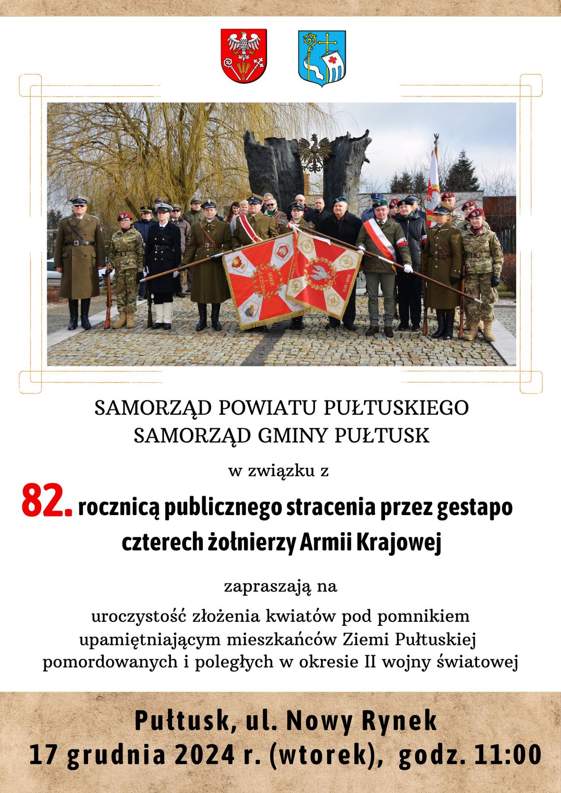 Zaproszenie na uroczystość upamiętniającą 82. rocznicę publicznego stracenia przez gestapo czterech żołnierzy Armii Krajowej