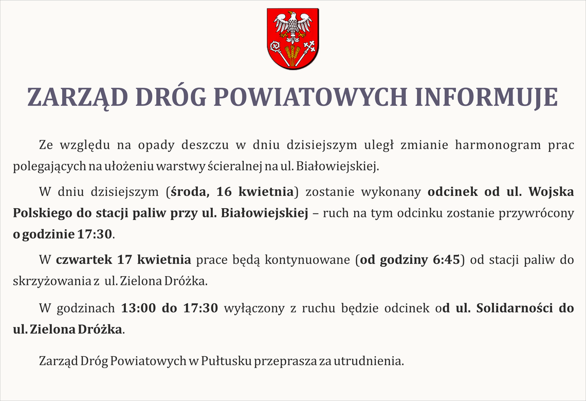 Zarząd Dróg Powiatowych informuje