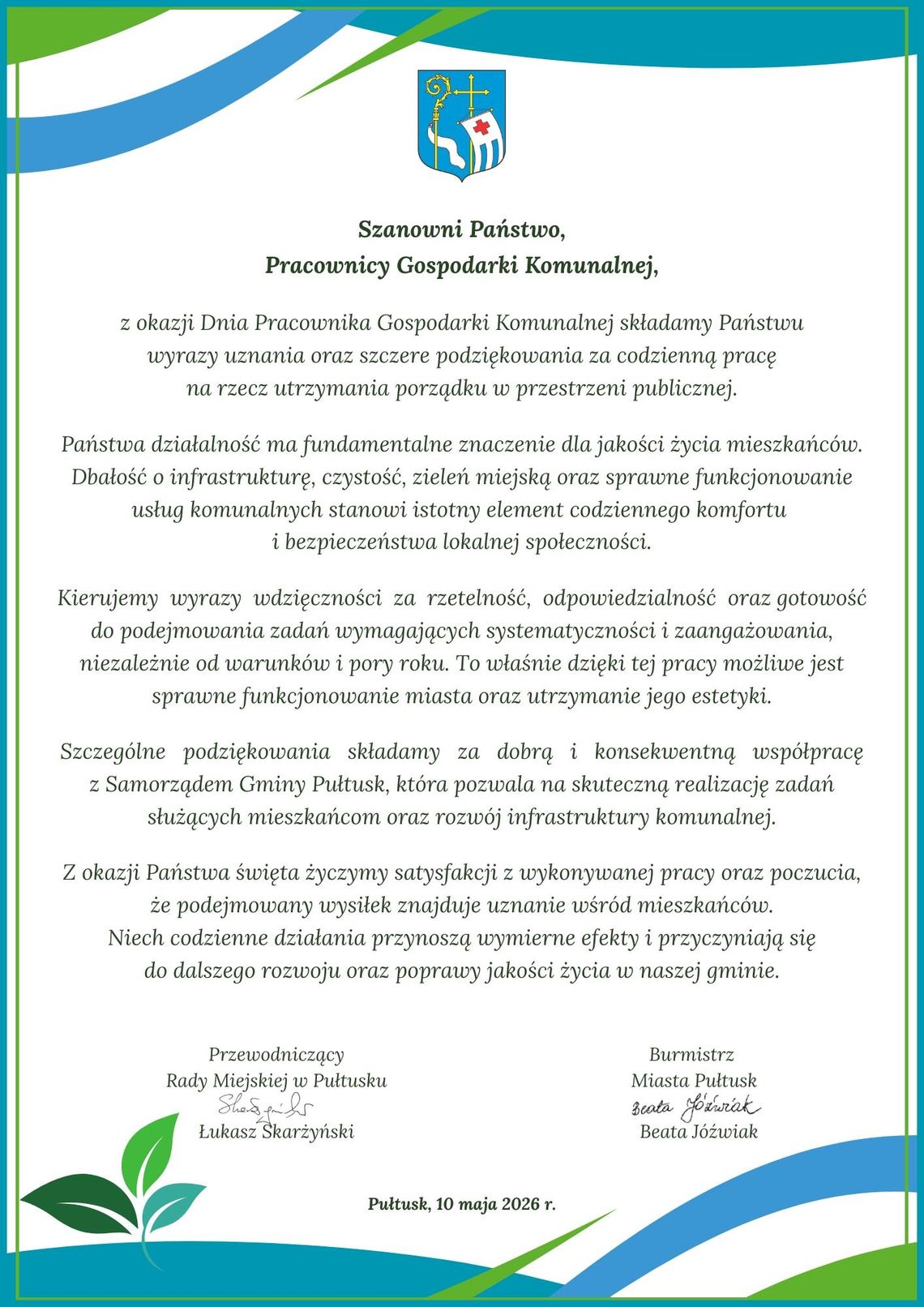 Życzenia dla pracowników gospodarki komunalnej