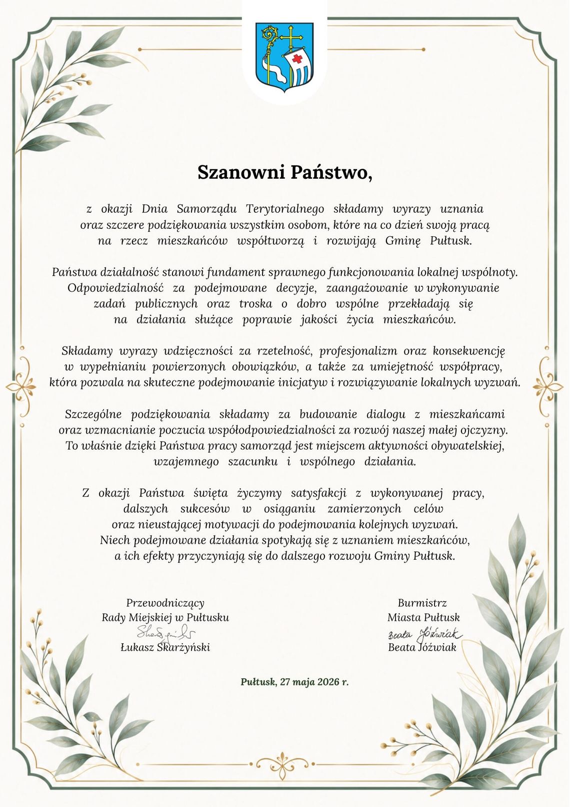 Życzenia na Dzień Samorządowca od władz Gminy Pułtusk