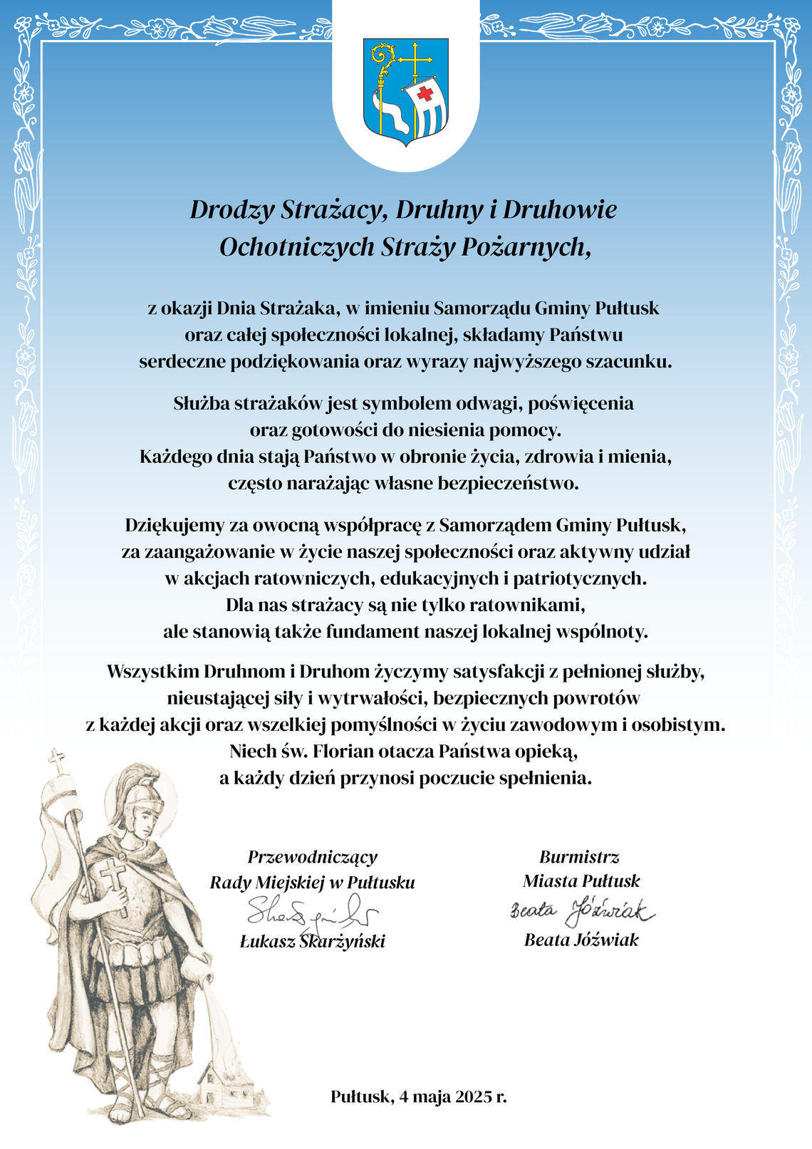 Życzenia na Dzień Strażaka od Samorządu Gminy Pułtusk