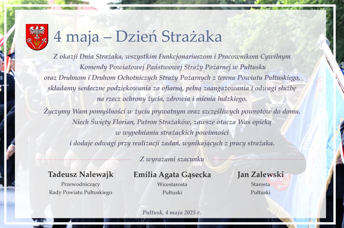 Życzenia na Dzień Strażaka od Samorządu Powiatu Pułtuskiego