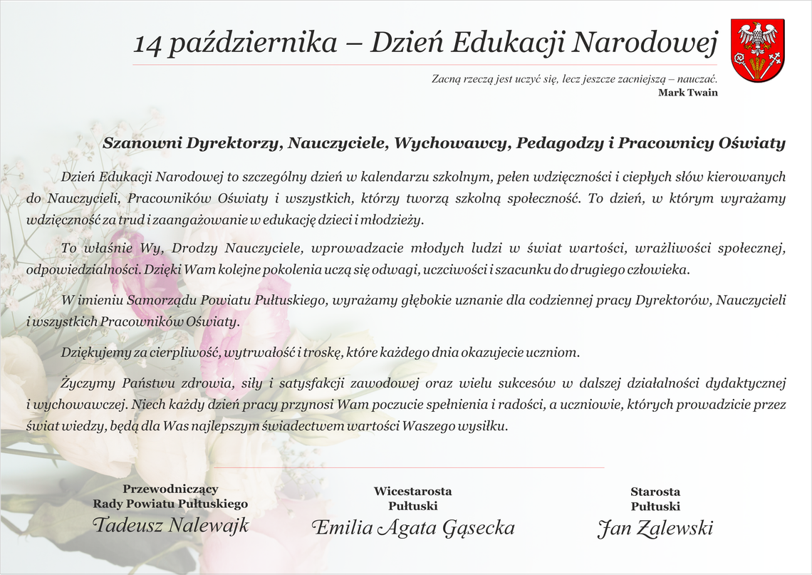 Życzenia od władz powiatu pułtuskiego z okazji Dnia Edukacji Narodowej